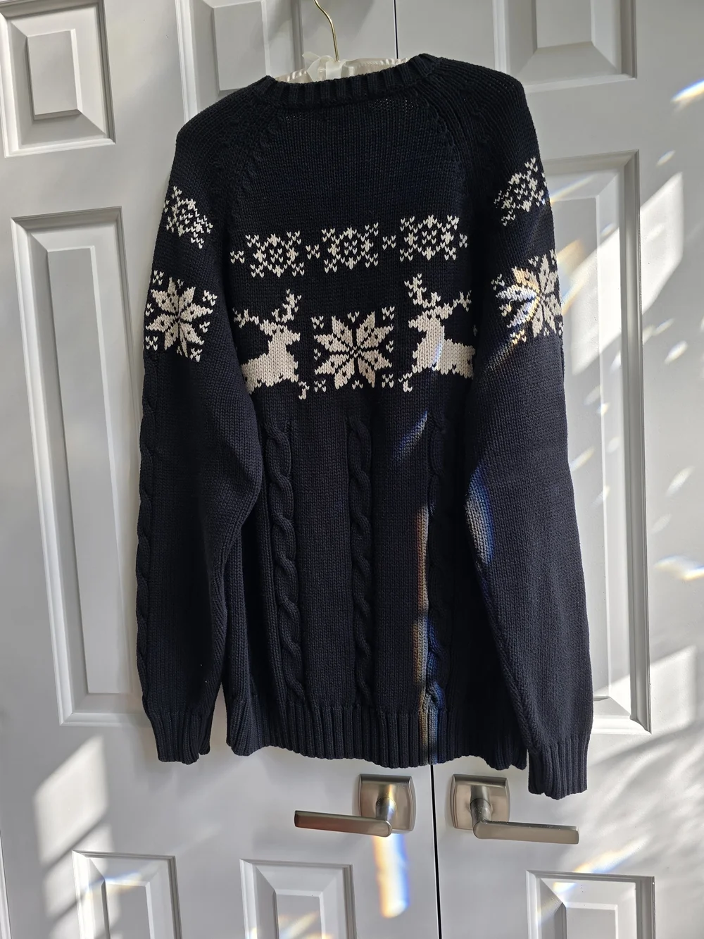 Lands' End Black and White Fair Isle Reindeer Cable-Knit Crewneck Sweater